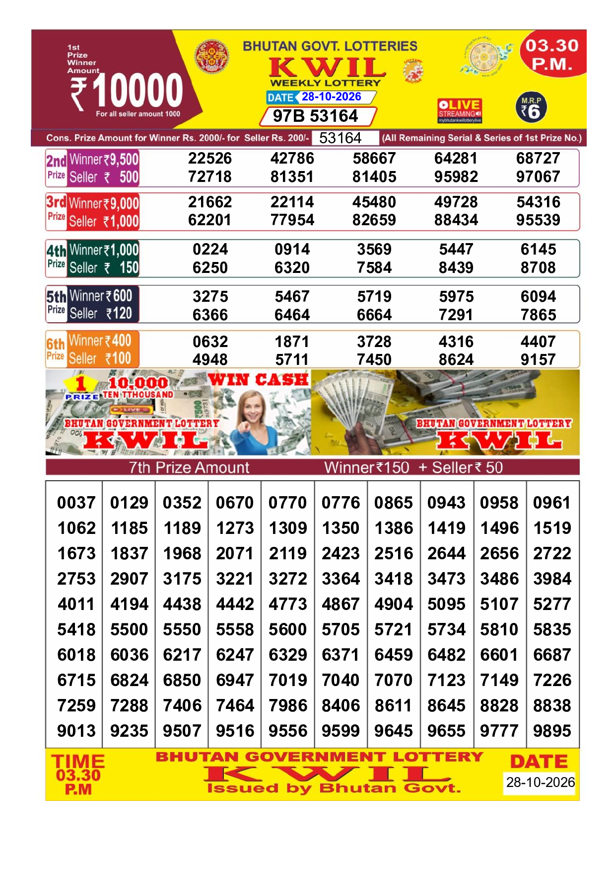 Bhutan Kwil 3:30 PM Result 2026-10-28 - Official Winning Numbers Sheet