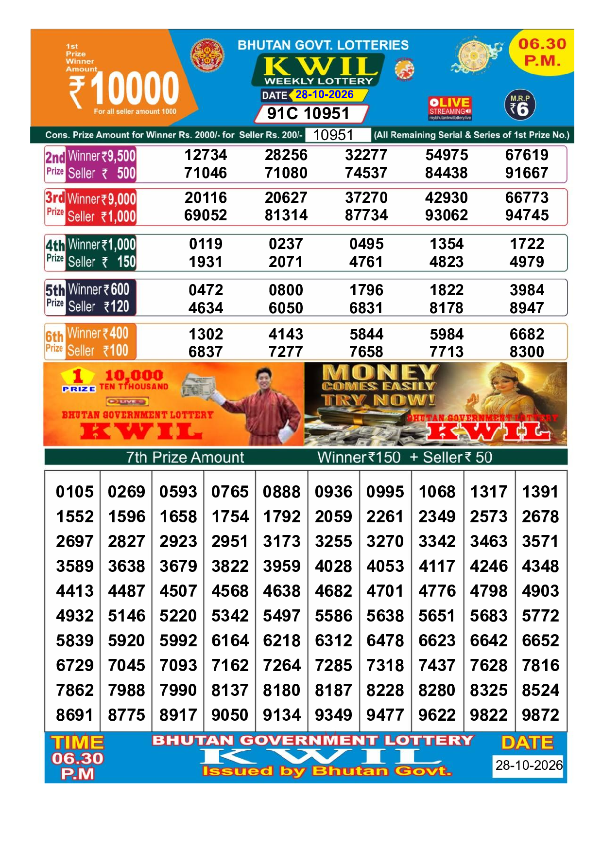Bhutan Kwil 6:30 PM Result 2026-10-28 - Official Winning Numbers Sheet