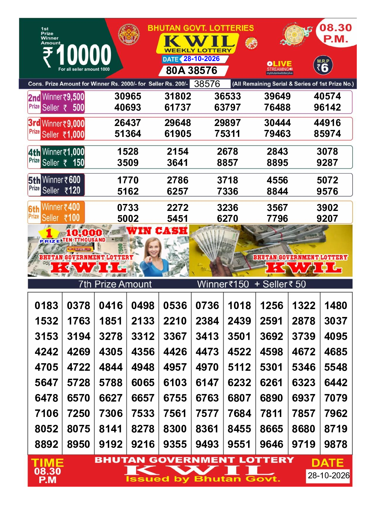 Bhutan Kwil 8:30 PM Result 2026-10-28 - Official Winning Numbers Sheet